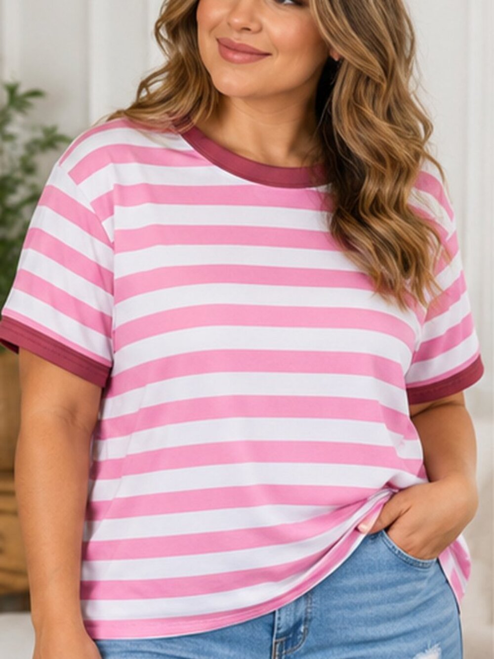 Women's Pink & White Striped Short Sleeve T-Shirt – Size Large